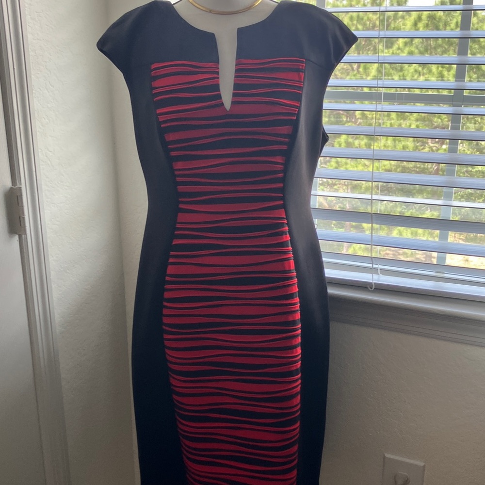 dressbarn Black Midi Dress with Red Striped Front Panel